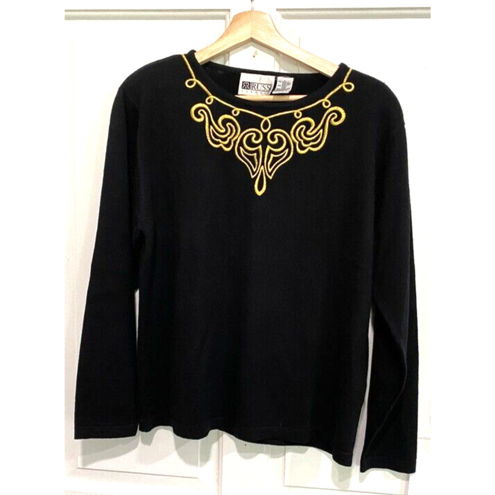 RUSS CLASSIC - Vintage black long sleeve sweater with gold embroidery Size Large